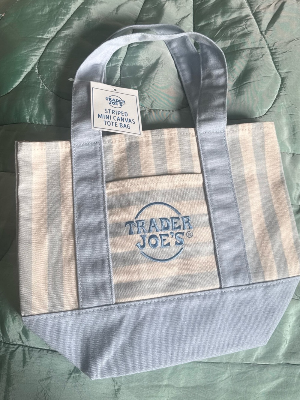 Trader Joe's Striped Mini Canvas Tote Bag in Light Blue & Cream